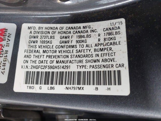 Honda Civic Lx 2016 2HGFC2F59GH514291 Image 9