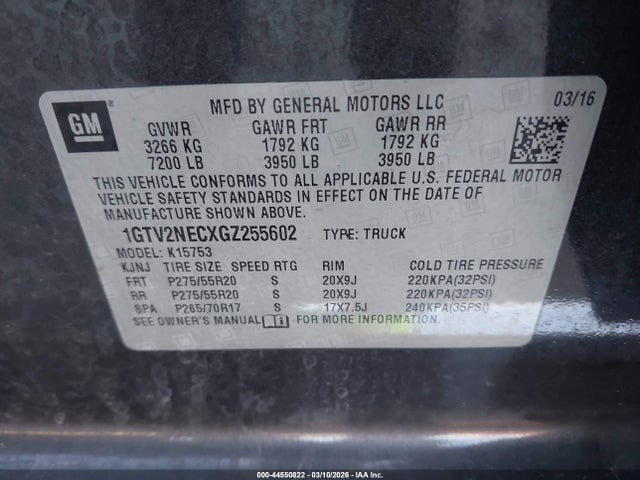 44550822 :رقم المزاد ، 1GTV2NECXGZ255602 vin ، 2016 Gmc Sierra 1500 Slt مزاد بيع