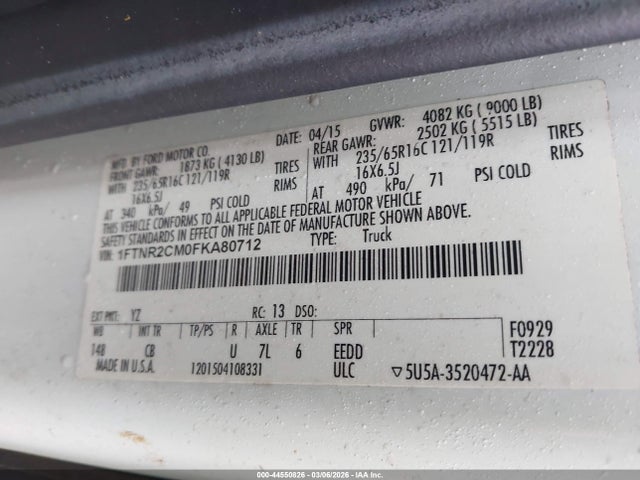 2015 Ford Transit-250 მანქანა იყიდება აუქციონზე, vin: 1FTNR2CM0FKA80712, აუქციონის ნომერი: 44550826