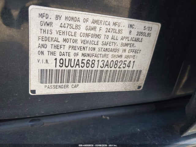 2003 Acura Tl 3.2 Type S მანქანა იყიდება აუქციონზე, vin: 19UUA56813A082541, აუქციონის ნომერი: 44550838