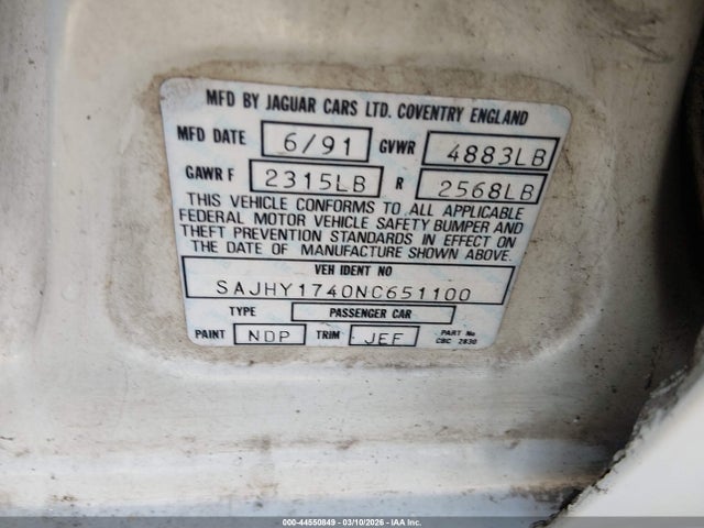 Продаж на аукціоні авто 1992 Jaguar Xj6 Sovereign, vin: SAJHY1740NC651100, номер лоту: 44550849