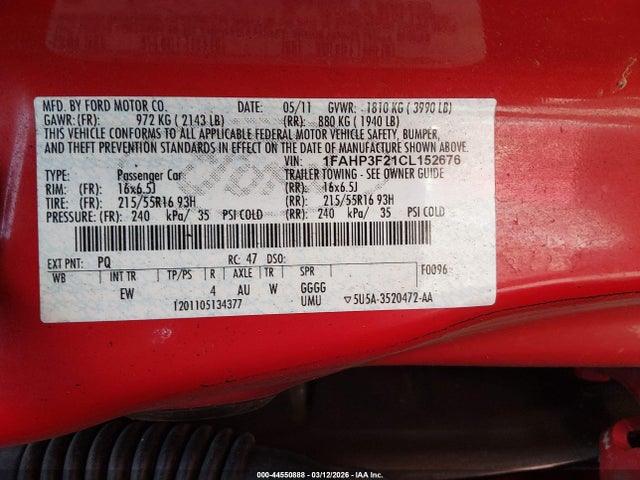 44550888 :رقم المزاد ، 1FAHP3F21CL152676 vin ، 2012 Ford Focus Se مزاد بيع