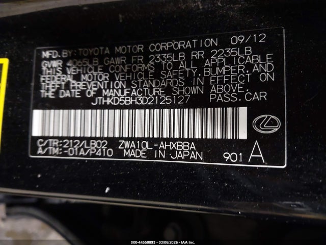Aukcja sprzedaży 2013 Lexus Ct 200h, vin: JTHKD5BH3D2125127, numer aukcji: 44550893