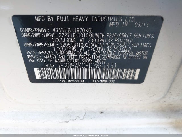 44550923 :رقم المزاد ، JF2GPAKC8D2861431 vin ، 2013 Subaru Xv Crosstrek 2.0i Limited مزاد بيع