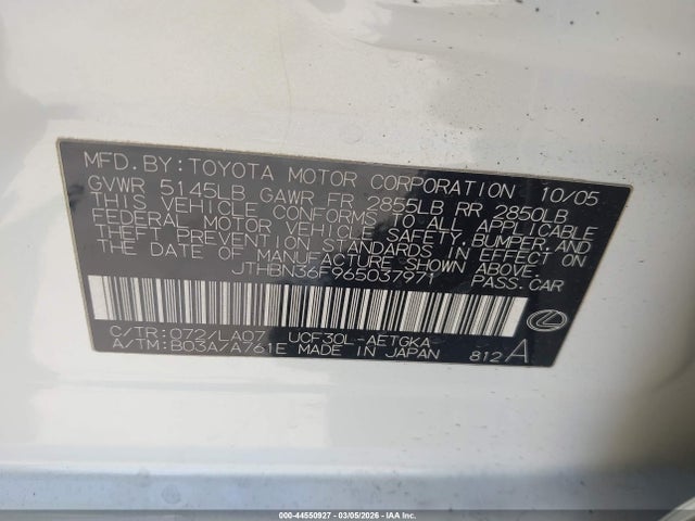 44550927 :رقم المزاد ، JTHBN36F965037971 vin ، 2006 Lexus Ls 430 مزاد بيع