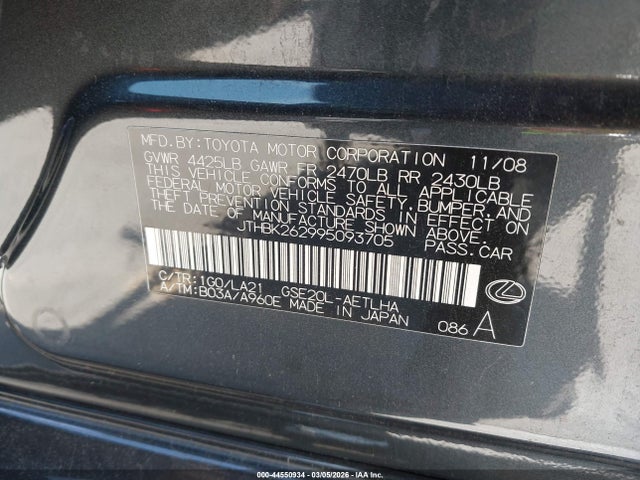 Aukcja sprzedaży 2009 Lexus Is 250, vin: JTHBK262995093705, numer aukcji: 44550934