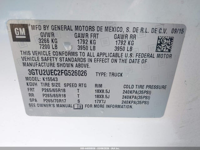Продажа на аукционе авто 2015 Gmc Sierra 1500 Sle, vin: 3GTU2UEC2FG526026, номер лота: 44550936