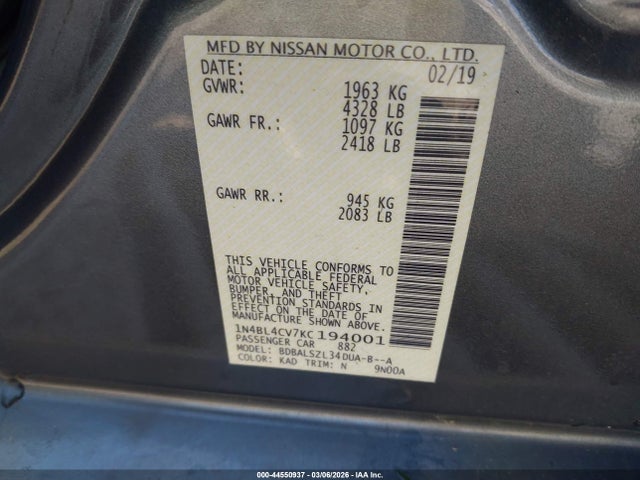 Aukcja sprzedaży 2019 Nissan Altima 2.5 Sr, vin: 1N4BL4CV7KC194001, numer aukcji: 44550937