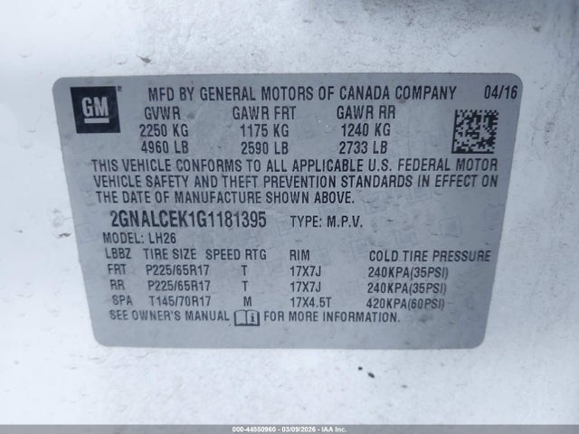 2GNALCEK1G1181395 Chevrolet EQUINOX LT