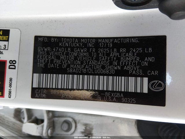 Aukcja sprzedaży 2020 Lexus Es 300h, vin: 58AD21B12LU006830, numer aukcji: 44550963