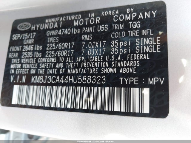 44550964 :رقم المزاد ، KM8J3CA44HU588323 vin ، 2017 Hyundai Tucson Se مزاد بيع