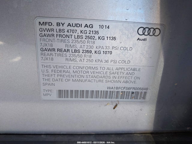 44551012 :رقم المزاد ، WA1BFCFS6FR005848 vin ، 2015 Audi Q3 2.0t Premium Plus مزاد بيع