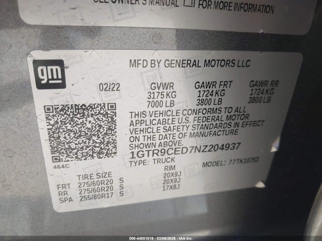 Продажа на аукционе авто 2022 Gmc Sierra 1500 Limited, vin: 1GTR9CED7NZ204937, номер лота: 44551019