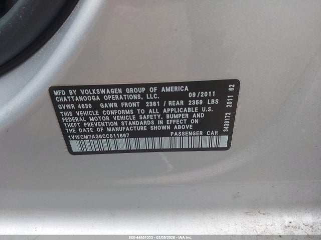 Продаж на аукціоні авто 2012 Volkswagen Passat 3.6l V6 Sel Premium, vin: 1VWCM7A36CC011667, номер лоту: 44551033