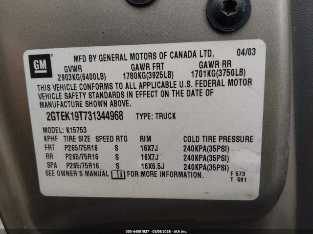 2003 Gmc Sierra 1500 Sle მანქანა იყიდება აუქციონზე, vin: 2GTEK19T731344968, აუქციონის ნომერი: 44551037