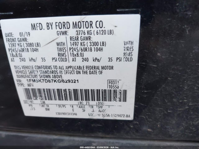 Aukcja sprzedaży 2019 Ford Explorer Xlt, vin: 1FM5K7D87KGB29321, numer aukcji: 44551044