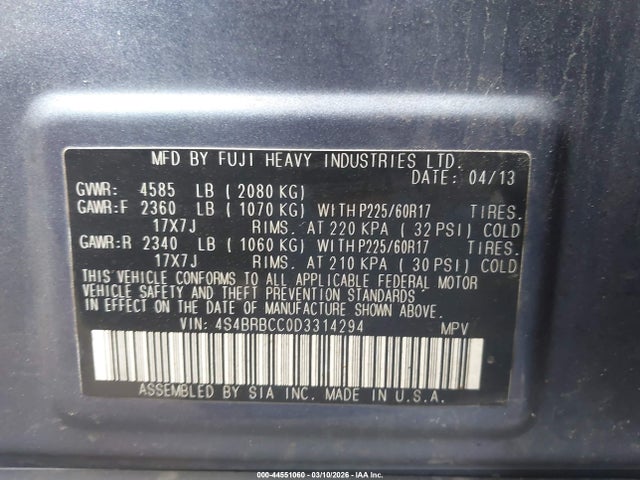 44551060 :رقم المزاد ، 4S4BRBCC0D3314294 vin ، 2013 Subaru Outback 2.5i Premium مزاد بيع