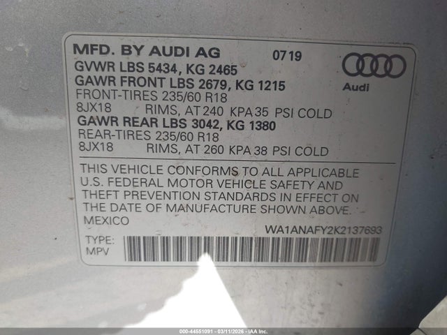Продажа на аукционе авто 2019 Audi Q5 45 Premium, vin: WA1ANAFY2K2137693, номер лота: 44551091