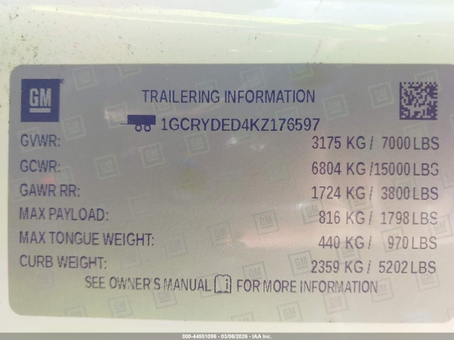 Aukcja sprzedaży 2019 Chevrolet Silverado 1500 Lt, vin: 1GCRYDED4KZ176597, numer aukcji: 44551096