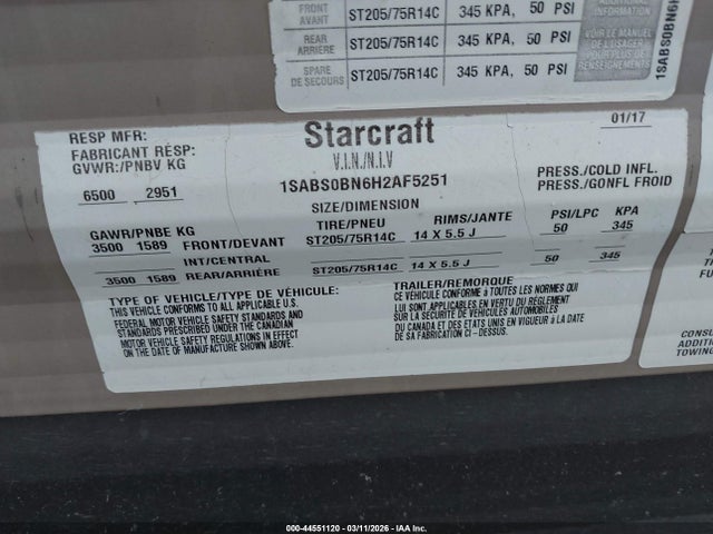 44551120 :رقم المزاد ، 1SABS0BN6H2AF5251 vin ، 2016 Starcraft Ar One Max مزاد بيع