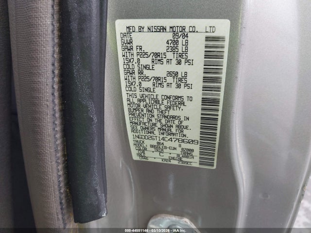 Aukcja sprzedaży 2004 Nissan Frontier Xe, vin: 1N6DD26T14C478609, numer aukcji: 44551146