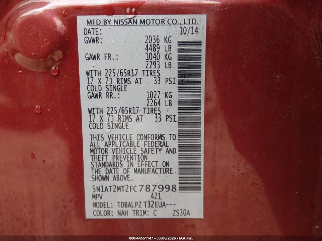 44551147 :رقم المزاد ، 5N1AT2MT2FC787998 vin ، 2015 Nissan Rogue S مزاد بيع