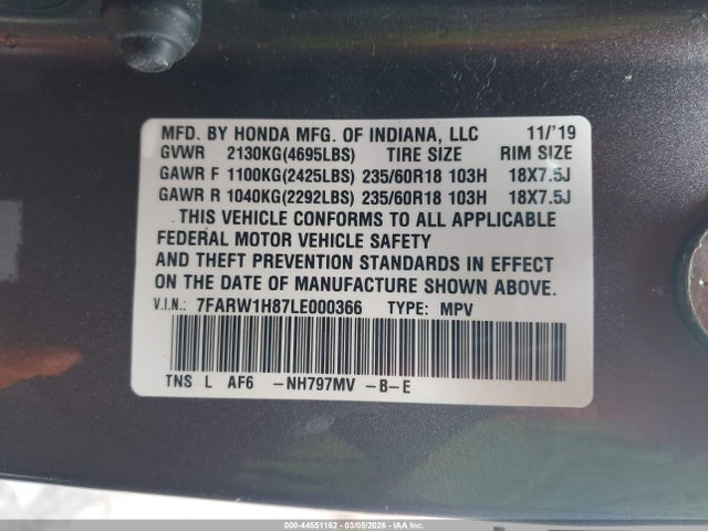 7FARW1H87LE000366 Honda Cr-v 2wd Ex-l