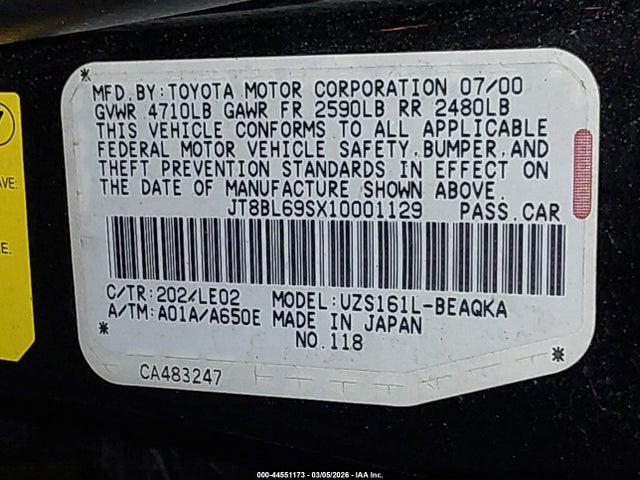 44551173 :رقم المزاد ، JT8BL69SX10001129 vin ، 2001 Lexus Gs 430 مزاد بيع
