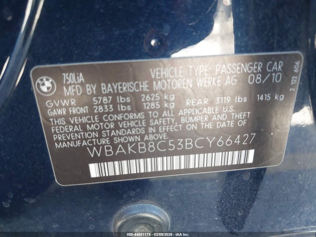 Продажа на аукционе авто 2011 Bmw 750li, vin: WBAKB8C53BCY66427, номер лота: 44551175