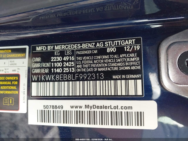 Aukcja sprzedaży 2020 Mercedes-benz C 300 4matic, vin: W1KWK8EB8LF992313, numer aukcji: 44551195