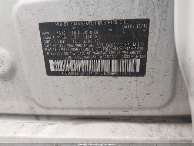 Aukcja sprzedaży 2017 Subaru Legacy 2.5i Limited, vin: 4S3BNAN65H3037598, numer aukcji: 44551196
