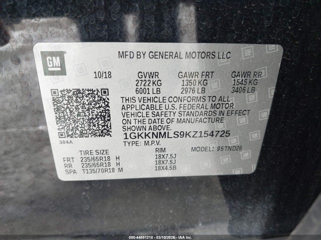 Aukcja sprzedaży 2019 Gmc Acadia Slt-1, vin: 1GKKNMLS9KZ154725, numer aukcji: 44551210