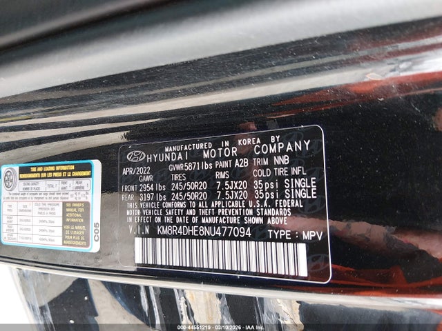 Продаж на аукціоні авто 2022 Hyundai Palisade Sel, vin: KM8R4DHE8NU477094, номер лоту: 44551219
