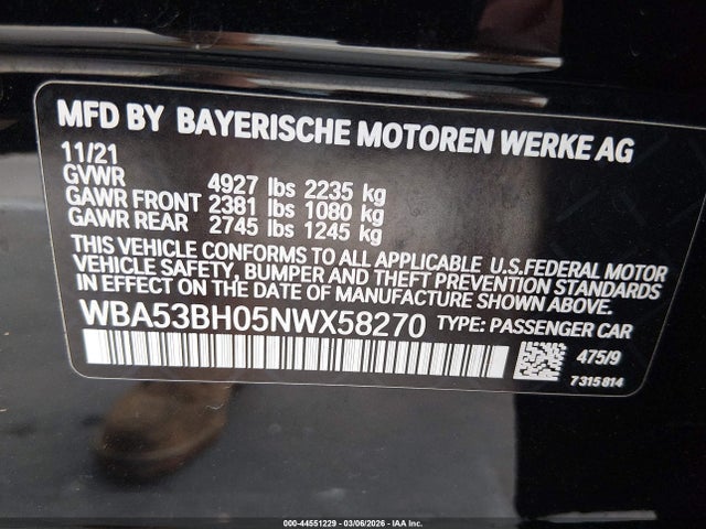 44551229 :رقم المزاد ، WBA53BH05NWX58270 vin ، 2022 Bmw 530 I مزاد بيع