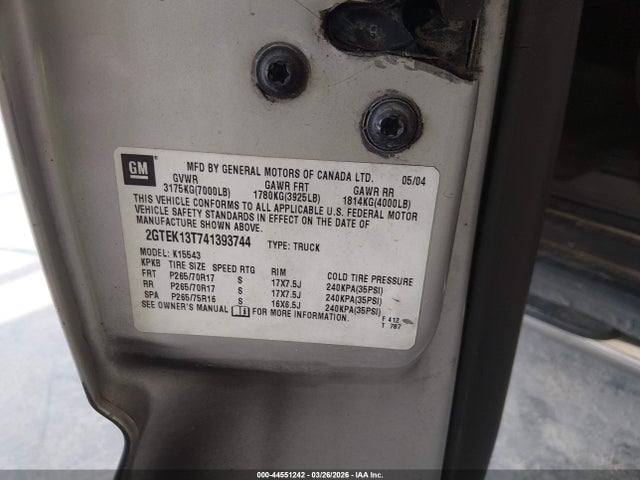 Продажа на аукционе авто 2004 Gmc Sierra 1500 Sle, vin: 2GTEK13T741393744, номер лота: 44551242