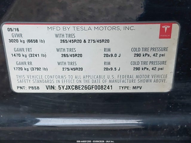 2016 Tesla Model X 60d/70d/75d/90d/p100d მანქანა იყიდება აუქციონზე, vin: 5YJXCBE26GF008241, აუქციონის ნომერი: 44551285