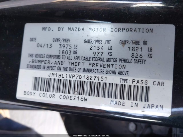 Aukcja sprzedaży 2013 Mazda Mazda3 I Touring, vin: JM1BL1VP7D1827151, numer aukcji: 44551310