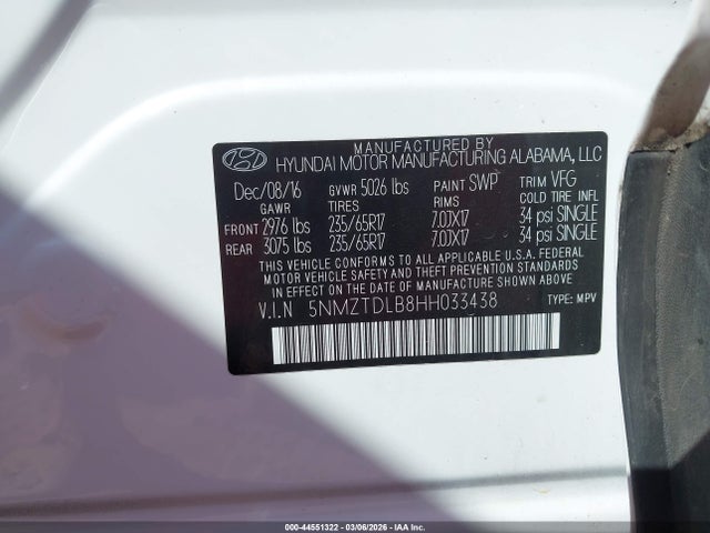 Продажа на аукционе авто 2017 Hyundai Santa Fe Sport 2.4l, vin: 5NMZTDLB8HH033438, номер лота: 44551322