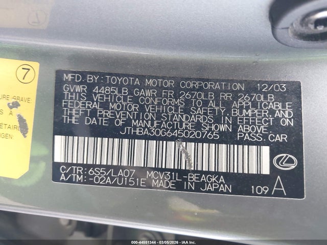 Продажа на аукционе авто 2004 Lexus Es 330, vin: JTHBA30G645020765, номер лота: 44551344