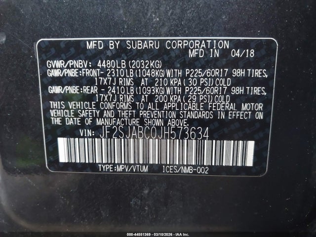Продаж на аукціоні авто 2018 Subaru Forester 2.5i, vin: JF2SJABC0JH573634, номер лоту: 44551369
