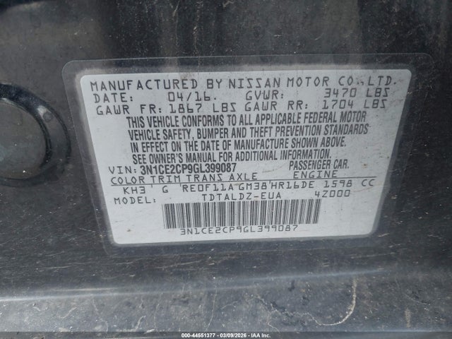 Nissan Versa Note S (sr)/s Plus/sl/sr/sv 2016 3N1CE2CP9GL399087 Image 9