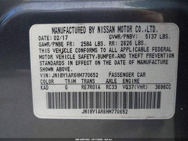 44551382 :رقم المزاد ، JN1BY1AR6HM770652 vin ، 2017 Infiniti Q70 3.7x مزاد بيع