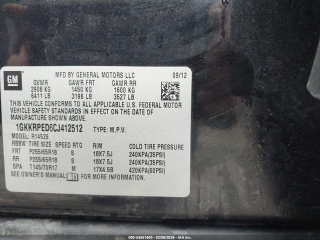 Aukcja sprzedaży 2012 Gmc Acadia Sle, vin: 1GKKRPED6CJ412512, numer aukcji: 44551400