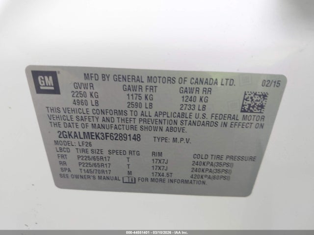 Aukcja sprzedaży 2015 Gmc Terrain Sle-1, vin: 2GKALMEK3F6289148, numer aukcji: 44551401