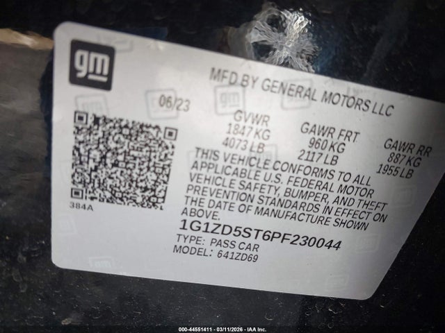 44551411 :رقم المزاد ، 1G1ZD5ST6PF230044 vin ، 2023 Chevrolet Malibu Fwd 1lt مزاد بيع