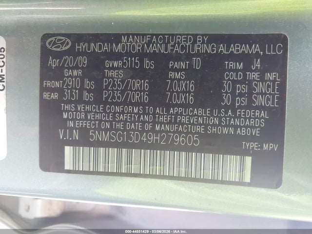 2009 Hyundai Santa Fe Gls მანქანა იყიდება აუქციონზე, vin: 5NMSG13D49H279605, აუქციონის ნომერი: 44551429