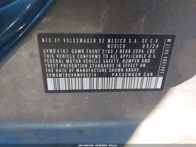 2024 Volkswagen Jetta 1.5t S მანქანა იყიდება აუქციონზე, vin: 3VW5M7BU9RM095216, აუქციონის ნომერი: 44551440