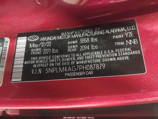 Aukcja sprzedaży 2023 Hyundai Elantra Sel, vin: 5NPLM4AG7PH087879, numer aukcji: 44551447