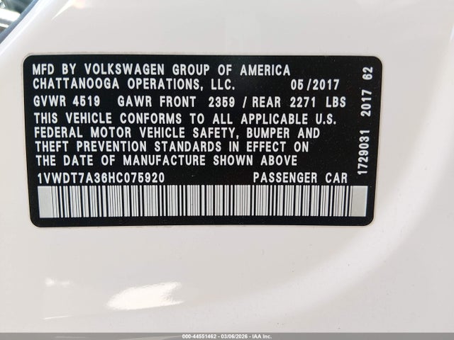 44551462 :رقم المزاد ، 1VWDT7A36HC075920 vin ، 2017 Volkswagen Passat 1.8t R-line مزاد بيع