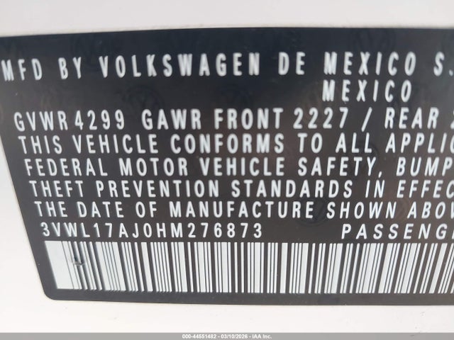 Aukcja sprzedaży 2017 Volkswagen Jetta 1.8t Sel/1.8t Sel Premium, vin: 3VWL17AJ0HM276873, numer aukcji: 44551482